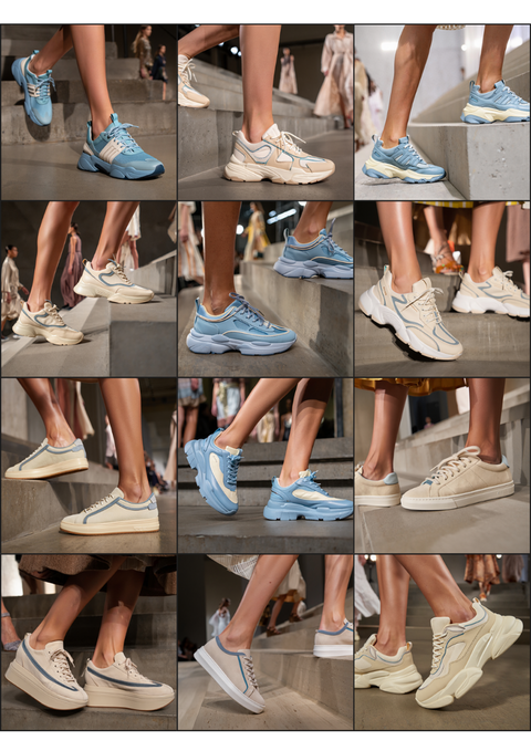AI Generated Collage of various shoes worn by models on a runway.
