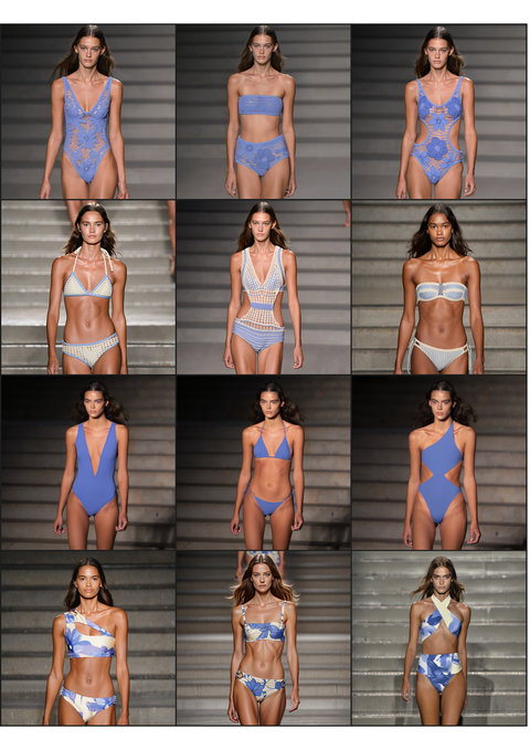 AI Generated grid of images showing a model wearing various blue and white bikini sets on a staircase background.