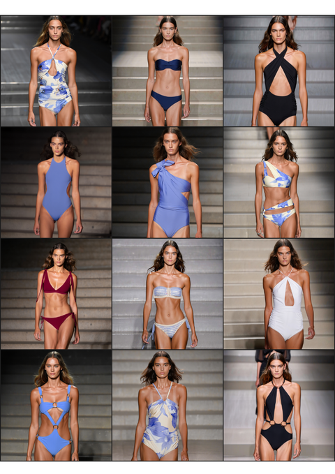 AI Generated Grid of women modeling various swimsuits on a runway.