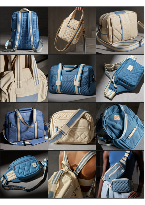 AI- Fashion Collage of various bags including backpacks, handbags, and crossbody bags in blue and beige.
