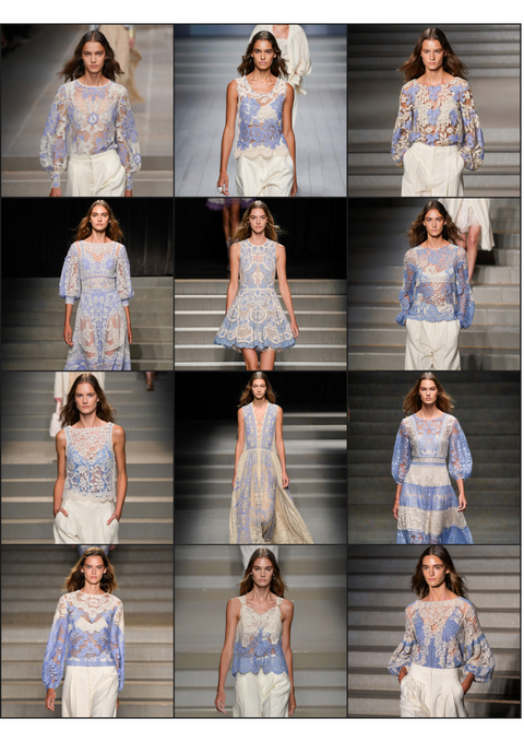 AI generated Grid of a model wearing a floral dress on a staircase